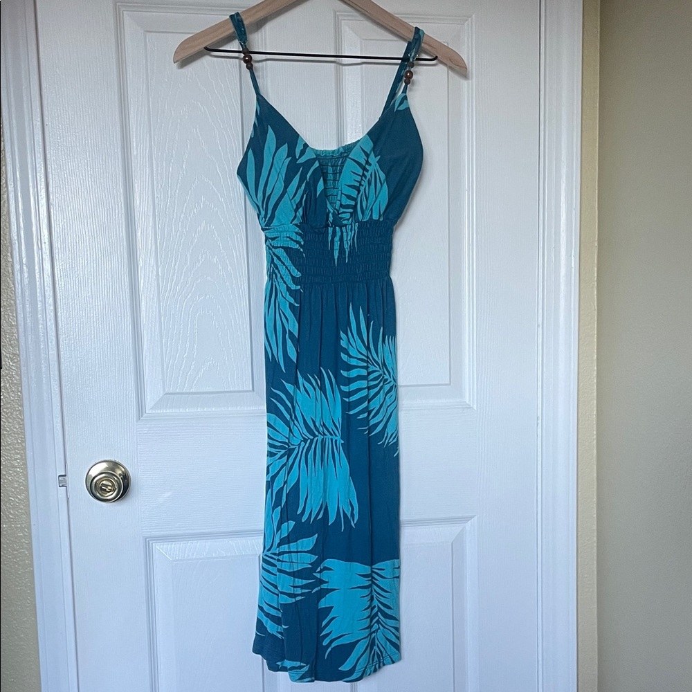 Teal Leaf Print Midi Dress